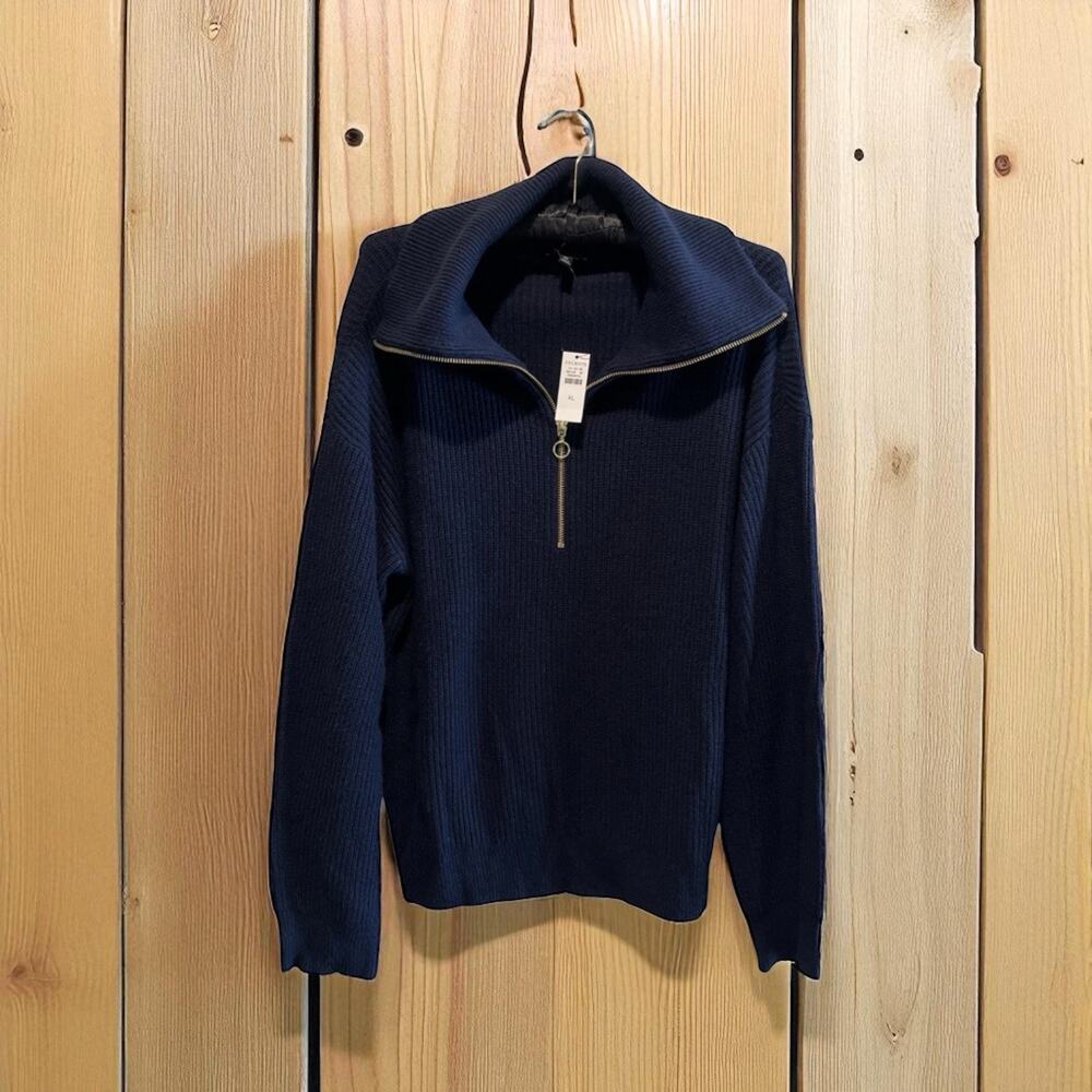 Talbots Women’s 1/4-Zip Pullover Sweater Navy Blue‎ Size Large Gold Zipper NWT
